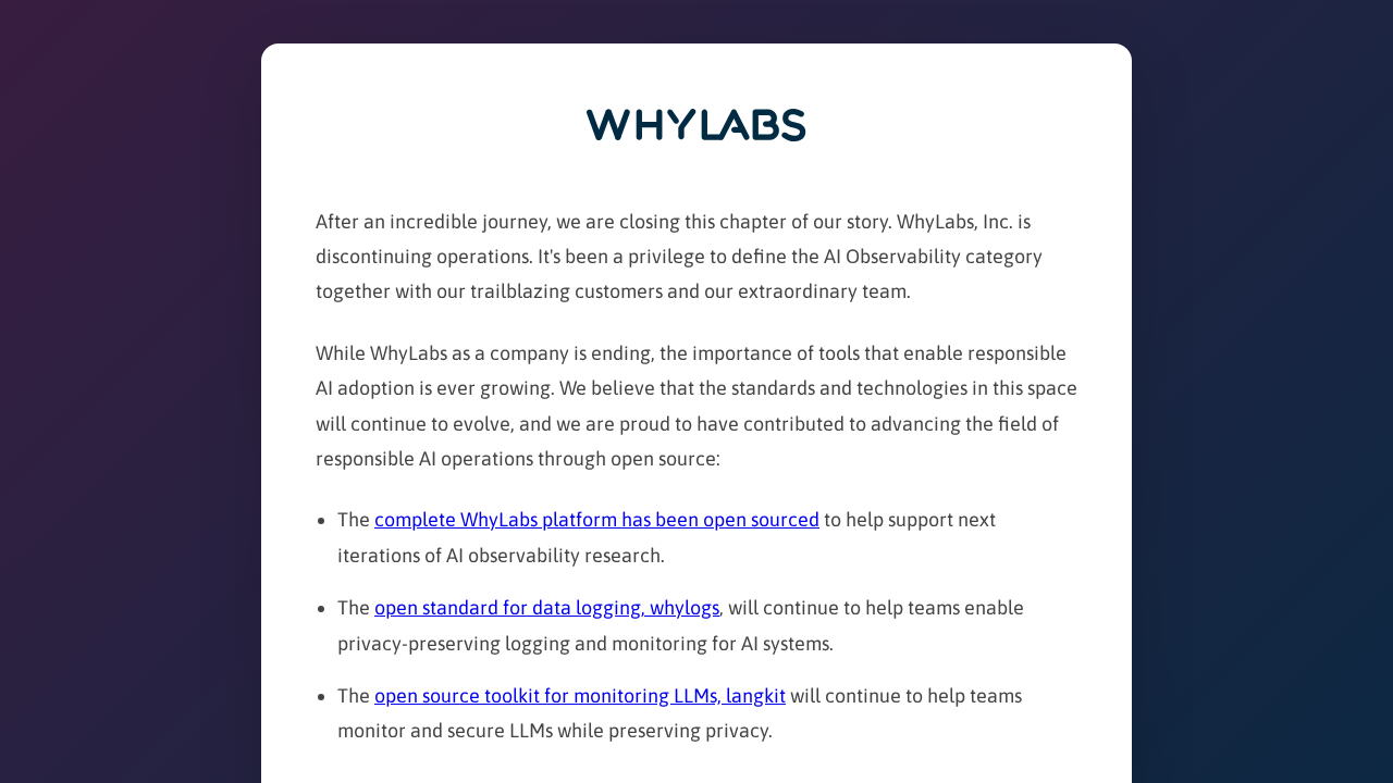 WhyLabs AI Control Center screenshot